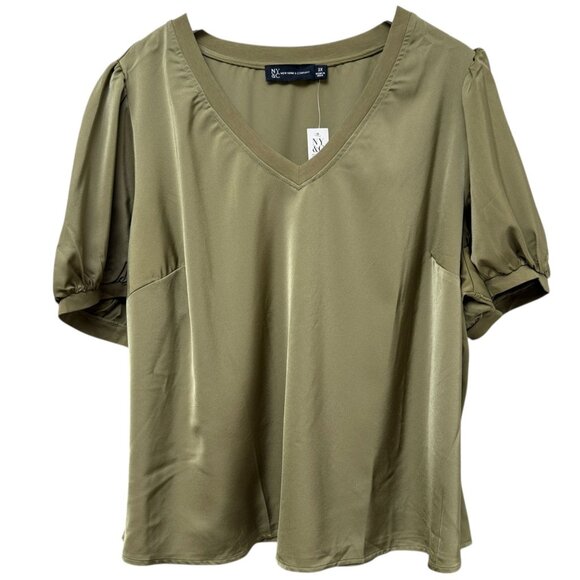 New York & Company Womens Top Plus Size 3X Puff Sleeve V-Neck Satin Blouse Green - Picture 2 of 11
